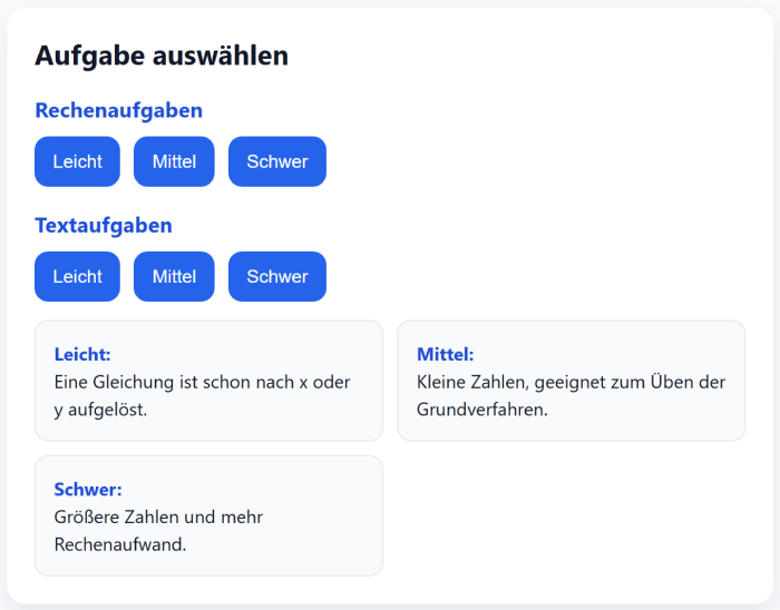 Auswahl: Rechen- und Textaufgaben, je leicht, mittel, schwer