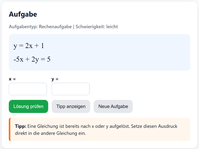 Karte „Aufgabe“ mit einem Gleichungssystem, leeren Feldern für x und y, den Knöpfen „Lösung prüfen“, „Tipp anzeigen“, „Neue Aufgabe“ und einem eingeblendeten Tipp zum Einsetzungsverfahren.