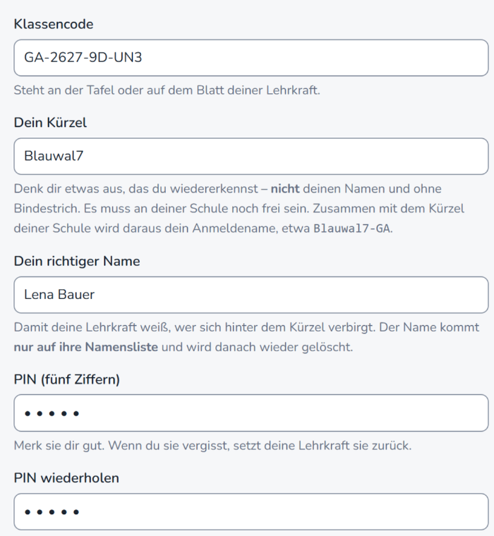 Formular mit Klassencode, Kürzel „Blauwal7“, richtigem Namen, PIN und PIN-Wiederholung sowie dem Knopf „Eintragen und loslegen“.