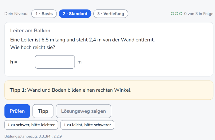 Aufgabe „Leiter am Balkon“ mit leerem Eingabefeld und dem eingeblendeten Hinweis „Tipp 1: Wand und Boden bilden einen rechten Winkel“.