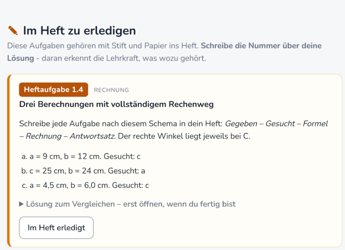 Abschnitt „Im Heft zu erledigen“ mit der Heftaufgabe 1.4, drei Teilaufgaben, dem Aufklapper „Lösung zum Vergleichen“ und dem Knopf „Im Heft erledigt“.