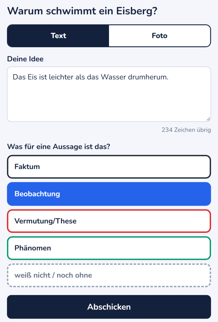 Handyansicht: Umschalter Text und Foto, im Feld „Deine Idee“ der Satz „Das Eis ist leichter als das Wasser drumherum.“, darunter die Aussagearten Faktum, Beobachtung (gewählt), Vermutung/These, Phänomen und „weiß nicht / noch ohne“, unten der Knopf „Abschicken“.
