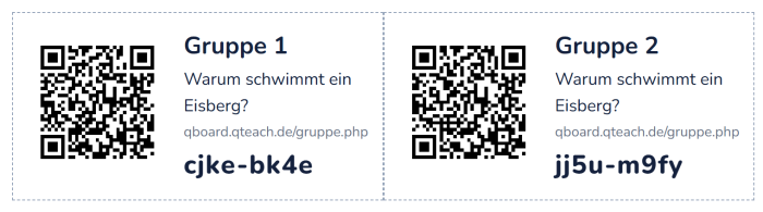 Zwei Zettel mit QR-Code, Gruppennummer, Adresse qboard.qteach.de/gruppe.php und Gruppencode.
