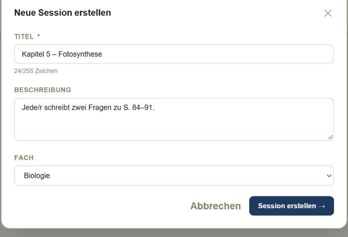 Fenster „Neue Session erstellen“ mit dem Titel „Kapitel 5 – Fotosynthese“, einer Beschreibung, dem Fach Biologie und dem Knopf „Session erstellen“.