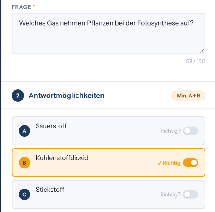 Handy: Frage schreiben, Antworten eintragen, richtige markieren