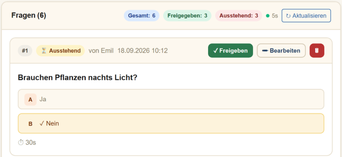 Fragenliste mit den Zählern Gesamt 6, Freigegeben 3, Ausstehend 3; darunter eine ausstehende Frage mit den Knöpfen „Freigeben“ und „Bearbeiten“.
