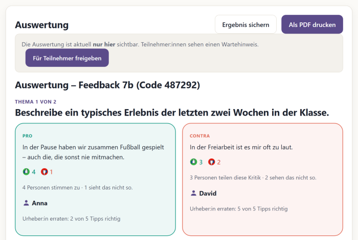 Auswertung je Thema: Pro- und Contra-Aussagen mit Zustimmung und Urheber