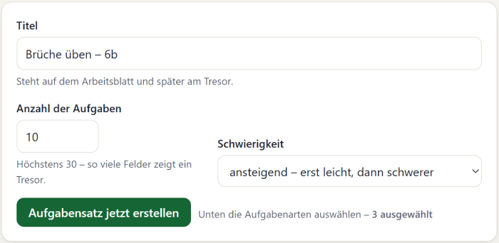 Formular „Neuer Aufgabensatz“ mit dem Titel „Brüche üben – 6b“, Anzahl 10, Schwierigkeit „ansteigend“ und dem grünen Knopf „Aufgabensatz jetzt erstellen“.