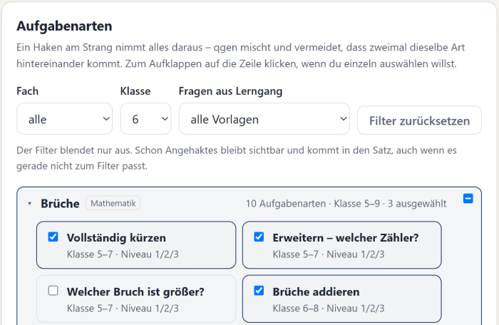 Karte „Aufgabenarten“ mit dem Filter Klasse 6 und dem aufgeklappten Thema Brüche, darin sind „Vollständig kürzen“, „Erweitern – welcher Zähler?“ und „Brüche addieren“ angekreuzt.