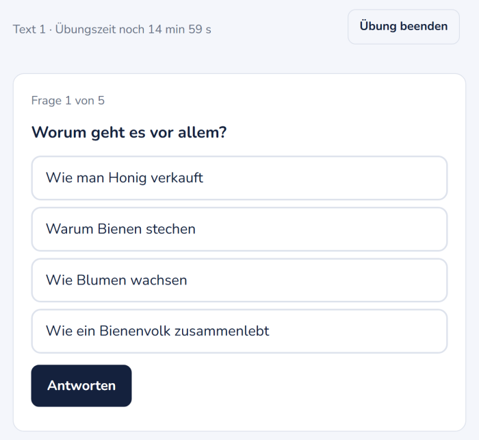 Nach dem Lesen: Frage 1 von 5, „Worum geht es vor allem?“, mit vier Antworten zur Auswahl