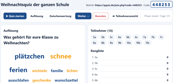 Lehreransicht „Weihnachtsquiz der ganzen Schule“: Wortwolke mit Plätzchen, Schnee, Ferien; 16 Klassen als Teilnehmer