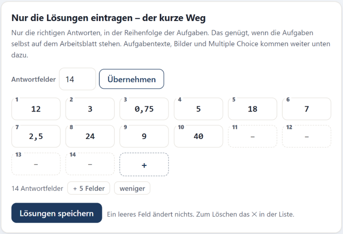 Raster zum Eintragen der Lösungen